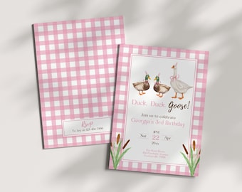 Duck Duck Goose Birthday Party Invitation Template, Editable Invite, Girls Mallard Duck Theme, Lucky Duck, Silly Goose, Pink Gingham
