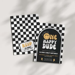 Modèle d'invitation Un mec heureux, invitation modifiable pour le premier anniversaire, Un mec cool, thème en damier de fête du 1er anniversaire, visage souriant heureux