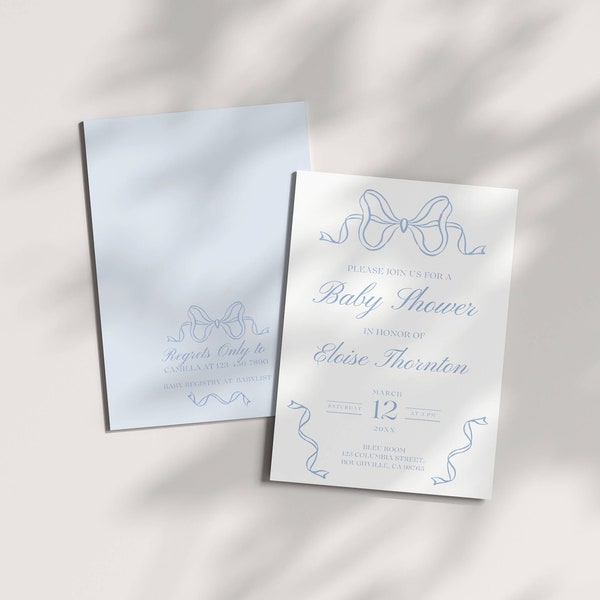 Hand Drawn Blue Bow Baby Shower Invite Template, Heirloom Ribbon Editable Invitation, Dusty Blue Minimalist Theme, Preppy Baby Boy Shower