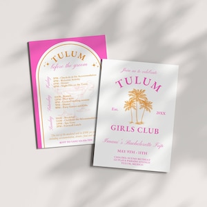 Tulum Bachelorette Einladung Reiseplan, Tulum vor dem Bräutigam, Tequila Sunrise Hen Party, Mexiko Mädchen Wochenendreise, bearbeitbar DIY einladen