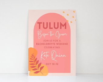 Modèle d'itinéraire Tulum avant le marié Bachelorette Invitation, week-end Mexique, invitation à une soirée Bach rose, Evite modifiable en téléchargement numérique