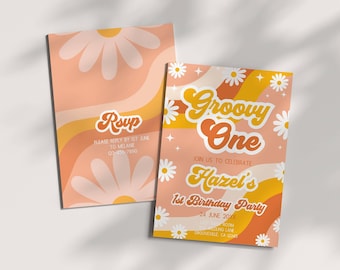 Plantilla de invitación de cumpleaños genial, fiesta de primer cumpleaños de los años 70, una chica genial, estilo retro hippie con margaritas, invitación editable