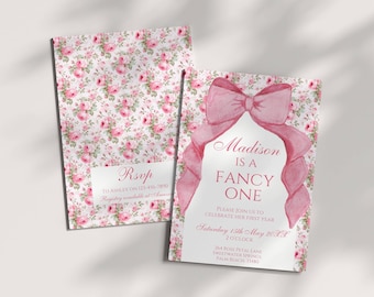 Love Shack Fancy One 1st Geburtstagseinladungsvorlage, Rose Floral Shabby Chic, erste Party, kokette Ästhetik rosa Schleife, bearbeitbare Einladung