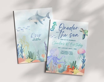 Modèle d'invitation d'anniversaire Oneder la mer, fête d'un 1er anniversaire, invitation modifiable, thème marin, animaux marins mignons, tortues et requins