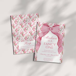 Love Shack Fancy One 1st Geburtstagseinladungsvorlage, Rose Floral Shabby Chic, erste Party, kokette Ästhetik rosa Schleife, bearbeitbare Einladung