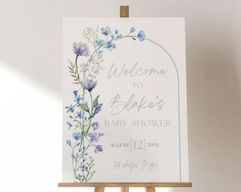 Baby in Bloom Welcome Sign, Editable Template, Boy Floral Baby Shower Signage, Dusty Blue Flowers, Wildflower Theme, Poster Board, DBBB3