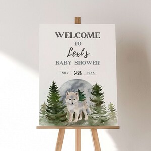 Plantilla de letrero de bienvenida para baby shower con tema de lobo, cachorro de manada de lobos, póster de bosque invernal, descarga digital editable, 4 tamaños de tablero