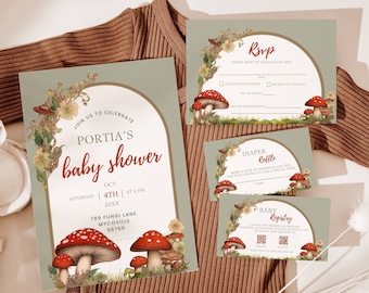 Zestaw zaproszeń na baby shower Mushroom Cottagecore, edytowalny szablon wkładki do zaproszenia, Zaczarowany las, książki dla dziecka, losowanie pieluszek, RSVP