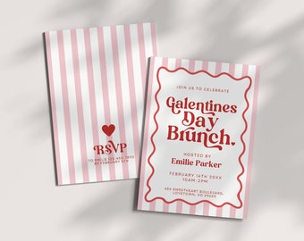 Galentines Brunch Invitation Template, Girlfriends Valentine's Day Brunch Invite, Modern Retro, Pink Stripes Red Heart, Editable DIY