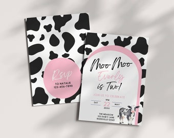 Modèle d'invitation d'anniversaire vache, meuh meuh j'ai deux ans, 2e fête vache rose pour filles, invitation modifiable, thème de la basse-cour de la ferme, vache sacrée j'ai deux ans