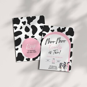 Cow Birthday Invitation Template, Moo Moo I&#39;m Two, Girls Pink Cow 2nd Party, Editable Invite, Farm Barnyard Theme, Holy Cow I&#39;m Two