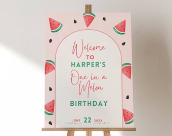 Plantilla de letrero de bienvenida de cumpleaños One in a Melon, tema de sandía rosa, decoración de primera fiesta, dulce, bienvenida de primer cumpleaños, póster editable