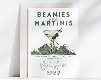 Beanies and Martinis Bachelorette Invitation Itinerary Template, Editable Invite, mountains and Martinis, Ski Hiking Camping Girls Weekend