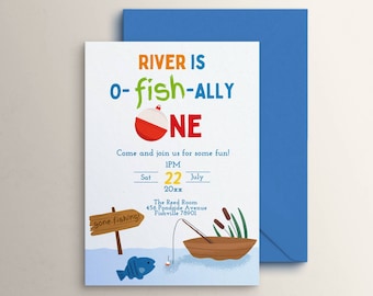 Plantilla de invitación de cumpleaños de pesca, tema Ofishally One, invitación editable, primera fiesta de niño, O-Fish-Ally One, pescando en el pez grande