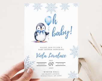 Blue Penguin Baby Shower Invitation Template, Winter Snowflake Sprinkle, It's Cold Outside Theme Invite, Baby Boy, Editable Digital Download