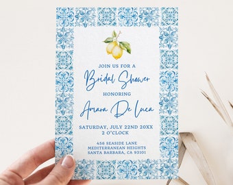 Blaue Fliesen Zitrone Brautpartyeinladung, bearbeitbare Vorlage, mediterranes Amalfiküste-Thema, Küsten-Positano Italien, Zitrus-Sommerparty