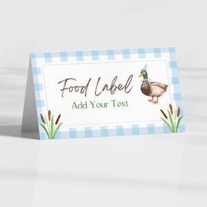 Plantilla editable de carpas para comida con forma de pato de la suerte, tarjetas de buffet, etiquetas de comida plegadas y planas, decoración de fiestas, tarjetas con nombres, tarjetas de lugar, tema de pato silvestre