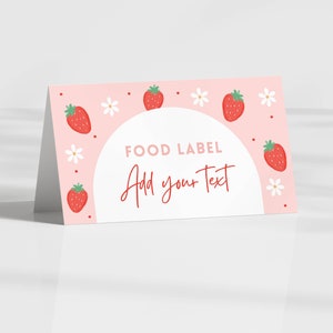 Plantilla editable de carpas de comida para primer cumpleaños con temática de bayas, tarjetas de comida para buffet, etiquetas de comida plegadas y planas, decoración para fiestas, tema de fresa dulce.