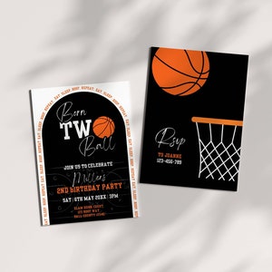 May include: A black and white basketball-themed birthday invitation with the text "Born Two Ball" and "Miller's 2nd Birthday Party". The invitation includes a basketball and a basketball hoop.