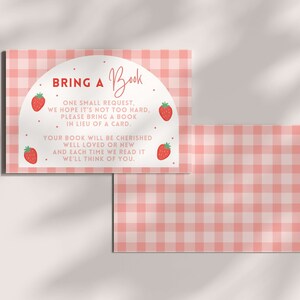 Berry First Birthday Bring a Book Card, Strawberry Party Invite invoegen, bewerkbare sjabloon, Berry Sweet One-thema, kaart met boekverzoek