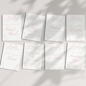 Roze strik babyshower tafelborden, volledig bewerkbare sjablonen, preppy roze strik decor, coquette strik thema, gunsten bewegwijzering, formaat 8 x 10 5 x 7