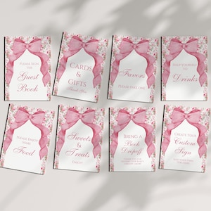 Pink Floral Bow Party Table Signs, Editable Templates, Love Shack Fancy Decor, Preppy Theme, Favor Signage, Birthday Baby Bridal Shower