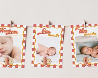 Ein Hot Diggity Dog Geburtstagsfoto-Meilensteinbanner, Hotdog-Picknick-Grillparty-Thema, bearbeitbare Vorlage, monatliches Fotocollage-Dekor