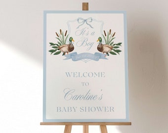 Mallard Duck Baby Shower Welcome Sign Template, Blue Duck Crest, Hunting Theme Poster, Dusty Blue Minimalist Board, Baby Boy Editable Sign