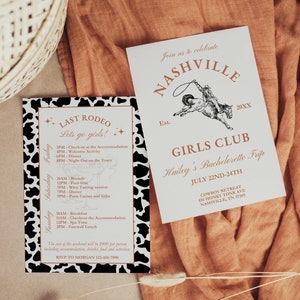 Nashville Bachelorette Einladung Wochenende Reiseplan, Neutrales Cowgirl-Thema, letzte Rodeo Western Hen, Let&#39;s Go Girls, bearbeitbare Einladung
