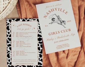 Plantilla de itinerario de fin de semana para invitación de despedida de soltera en Nashville, tema de vaquera neutral, despedida de soltera del oeste de Last Rodeo, vamos chicas, invitación editable