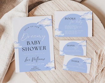 May include: Blue and white baby shower invitation with a cloud design. The invitation says "Join us for a Dreamy Baby Shower" and includes the name "Lori Williams" and the date "February 17 at 4 PM". There are also cards for guests to bring books or diapers for the baby.