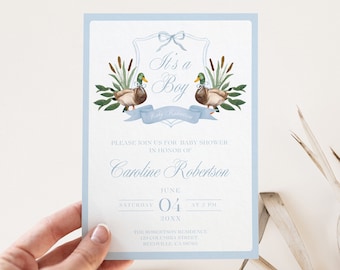 Duck Baby Shower Invite, Editable Template, Baby Boy Duck Invitation, Monogram Duck Crest, Dusty Blue, Mallard Duck Hunting Theme