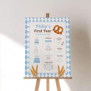 ONEtoberfest First Year Milestone Poster Board, modello modificabile, tema compleanno Oktoberfest, blu bavarese tedesco, cartello 1° compleanno