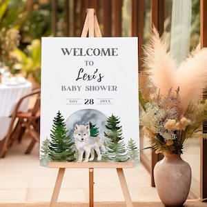 Modello di cartello di benvenuto per baby shower a tema lupo, benvenuto nel branco, poster a tema bosco invernale, cucciolo di branco di lupi, download digitale modificabile, 4 dimensioni