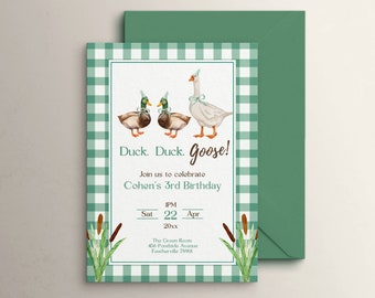 Duck Duck Goose Birthday Party Invitation Template, Editable Invite, Mallard Duck Hunting Theme, Lucky Duck, Silly Goose, Green Gingham