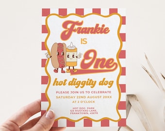 Convite de primeiro aniversário de cachorro-quente, modelo editável, convite de primeiro aniversário, tema de cachorro-quente, festa de piquenique com churrasco, tabuleiro de xadrez retrô