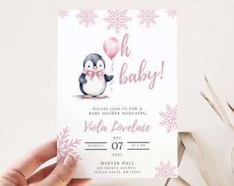 May include: A pink and white baby shower invitation featuring a cartoon penguin holding a pink balloon. The text reads "Oh baby!" and includes details for the event, such as the date, time, and location.