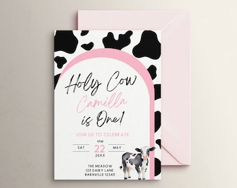 Cow Invitation First Birthday, Holy Cow I'm One Party Invite, Girls Pink Cow Theme, Farm Barnyard, Editable Template, Digital Download