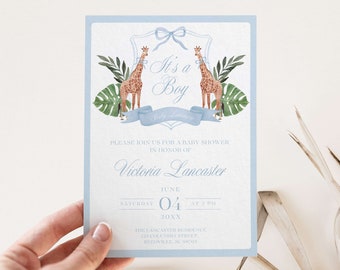 Giraffe Baby Shower Invite, Editable Template, Baby Boy Giraffe Invitation, Monogram Giraffe Crest, Preppy Dusty Blue, Giraffe Safari Theme