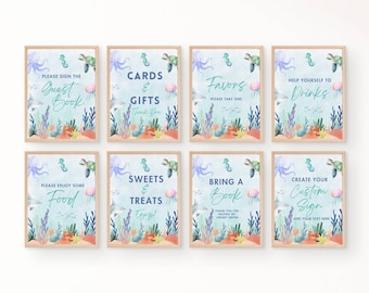 Oneder the Sea Birthday Table Signs, Fully Editable Templates, Ocean Party Decor, Under the Sea Theme, Favors Signage, 8x10 and 5x7 Size