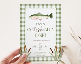 Plantilla de invitación de cumpleaños de pesca, Ofishally One, temática de trucha, invitación editable, fiesta de niño, O-Fish-Ally One, pescando el pez gordo