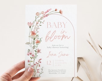 Inbjudan till babyshower med blommotiv, redigerbar mall, boho-tema för vilda blommor för flicka, rodnande vårblommor, blommig inbjudan, DPBB3