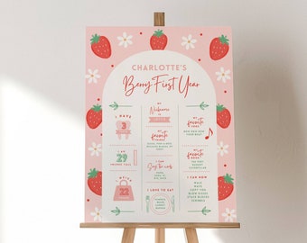 Strawberry Birthday Milestone Board Template, Berry First Party Theme, Sweet One, 1st Birthday Milestone Sign, Editable Poster, Red Pink