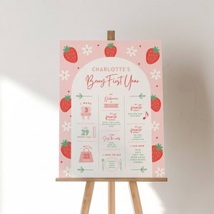 Strawberry Birthday Milestone Board Template, Berry First Party Theme, Sweet One, 1st Birthday Milestone Sign, Editable Poster, Red Pink