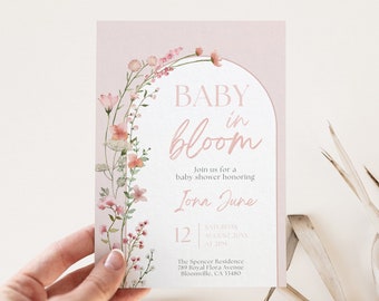 Inbjudan till babyshower med blommotiv, redigerbar mall, boho-tema för vilda blommor för flicka, rodnande vårblommor, blommig inbjudan, DPBB1