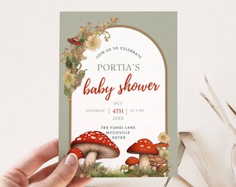 Mushroom Baby Shower Invitation Template, Editable Invite, Woodland Toadstool Theme, Fall Forest Fungi, Cottagecore Gender Neutral
