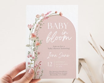 Dusty Pink Baby in Bloom Baby Shower Invitation, Editable Template, Girl Boho Wildflower Theme, Blush Spring Flowers, Floral Invite, DPBB2
