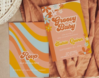 Retro 70er Jahre Babyparty laden Vorlage ein, Groovy Baby, Vintage Sprinkle, Flower Power Einladung, Geschlechtsneutral, bearbeitbarer digitaler Download