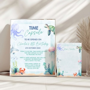 Under The Sea First Birthday Time Capsule-bord en kaarten, Oneder The Sea-thema, feestaandenken, bewerkbare sjabloon, kaarten voor gastberichten