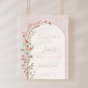 Baby in Bloom Wildflower Baby Shower Welcome Sign, Editable Template, Dusty Pink Girl Theme, Blush  Flowers, Floral Poster Board, DPBB1